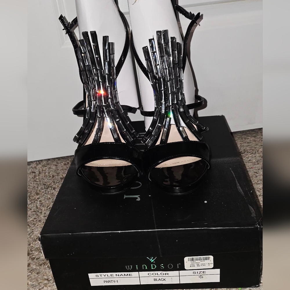 Black Beaded Strappy Patent Heels with Ankle Strap